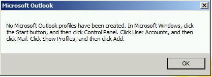 Microsoft Outlook プロファイルが作成されていないエラーの詳細のスクリーンショット。
