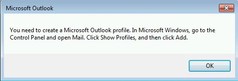 Microsoft Outlook プロファイルのエラーの詳細を作成する必要があるのスクリーンショット。