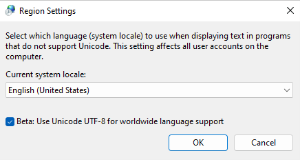 [リージョン設定] ダイアログ ボックスのスクリーンショット。ベータ版の [チェック] ボックスが選択されています。グローバル言語のサポートに Unicode UTF-8 を使用します。