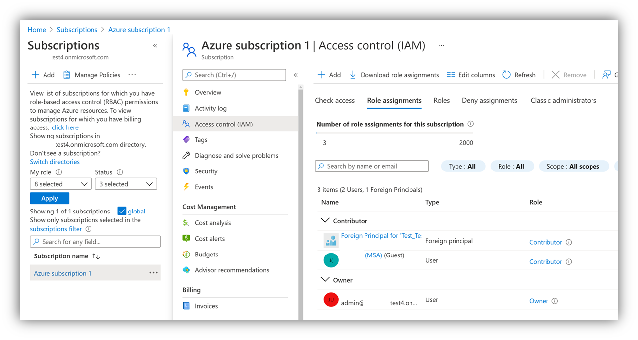 Azure サブスクリプションのアクセス制御を示すスクリーンショット。