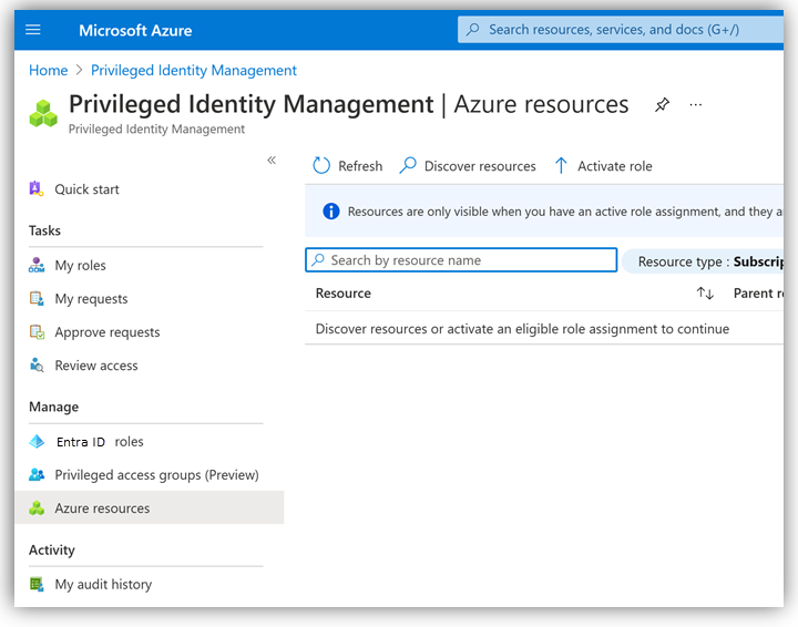 Azure サブスクリプションが PIM を使用して管理されていないことを示すスクリーンショット。