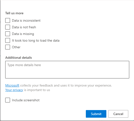 [顧客] ダッシュボードの [分析情報] 画面にある [共有] 機能の [フィードバック] ウィンドウを示すスクリーンショット。