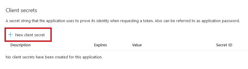 新しいクライアント シークレットを追加する方法を示すスクリーンショット。