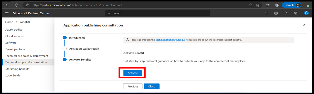 [アクティブ化] ボタンが強調表示されている [概要] セクションの [アプリケーション発行コンサルテーション ウィザード] を示すスクリーンショット。