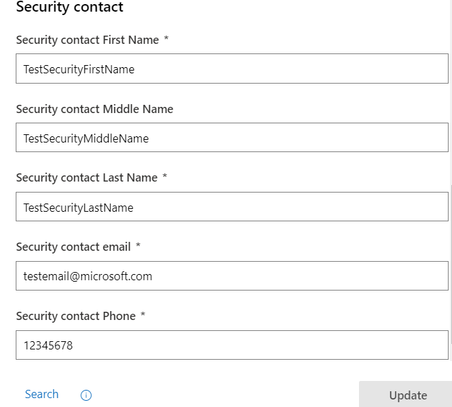 Screenshot showing the Partner Center screen for entering security contact information.