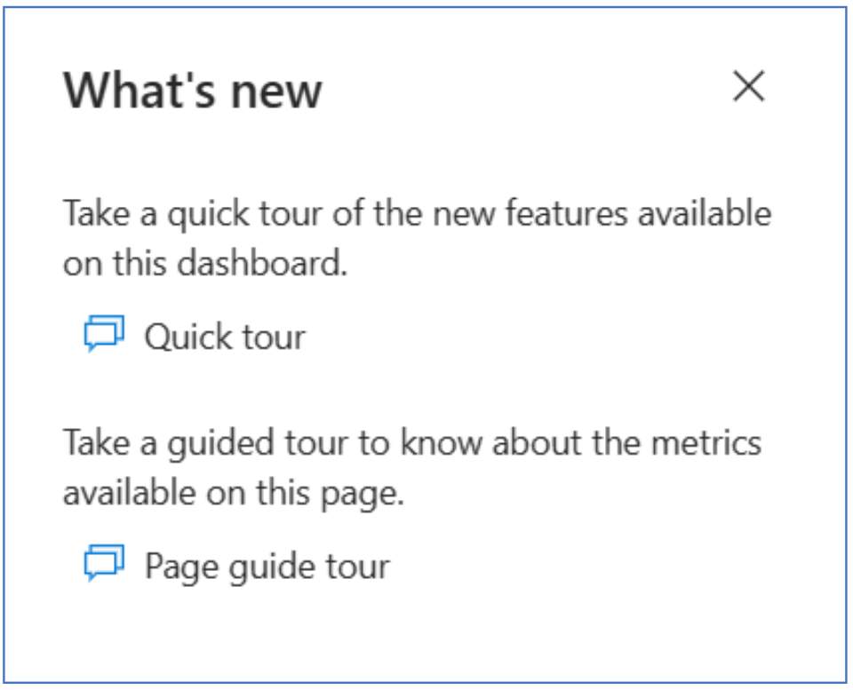 Screenshot of the What's New page on the Insights summary dashboard page, which includes links for a quick tour and a page guide tour.