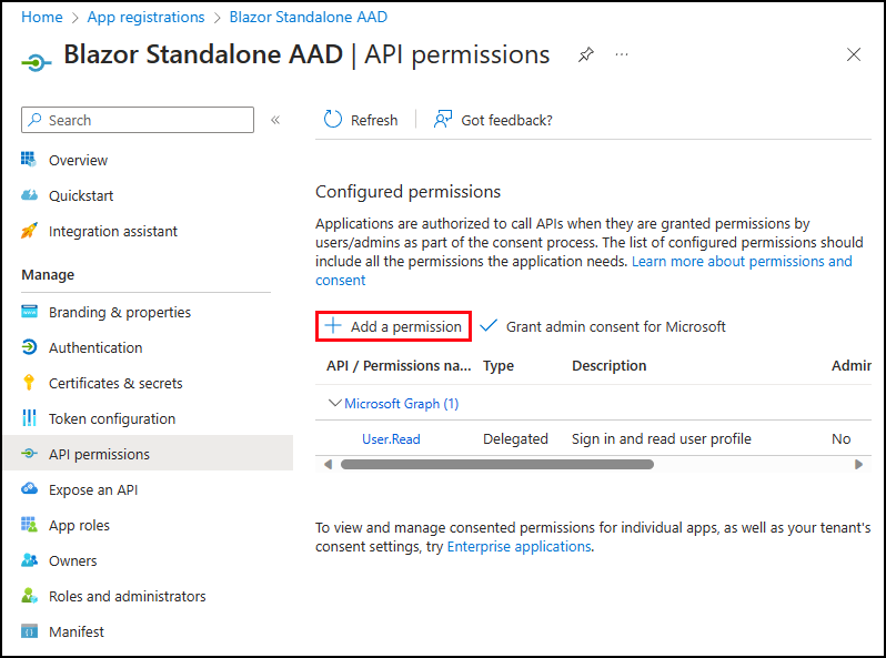 登録済みアプリケーションの API 権限設定ページ。