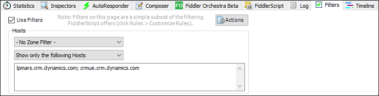 Fiddler UI に表示されるトラフィックをフィルター。