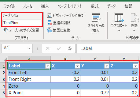 Label、X、Y、Z の列を含む TestPins という名前のテーブルを持つ Microsoft Excel ワークシート例。