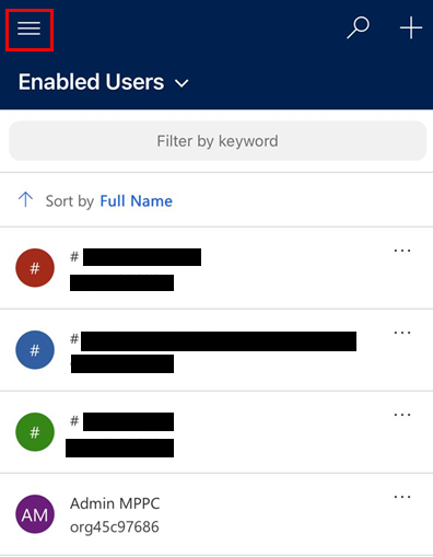 左上隅のハンバーガー アイコンと [有効なユーザー] リスト