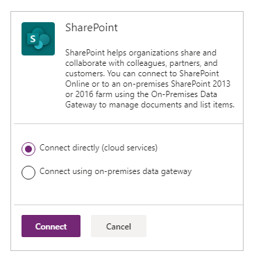 SharePoint 接続を作成する SharePoint 接続を作成する。