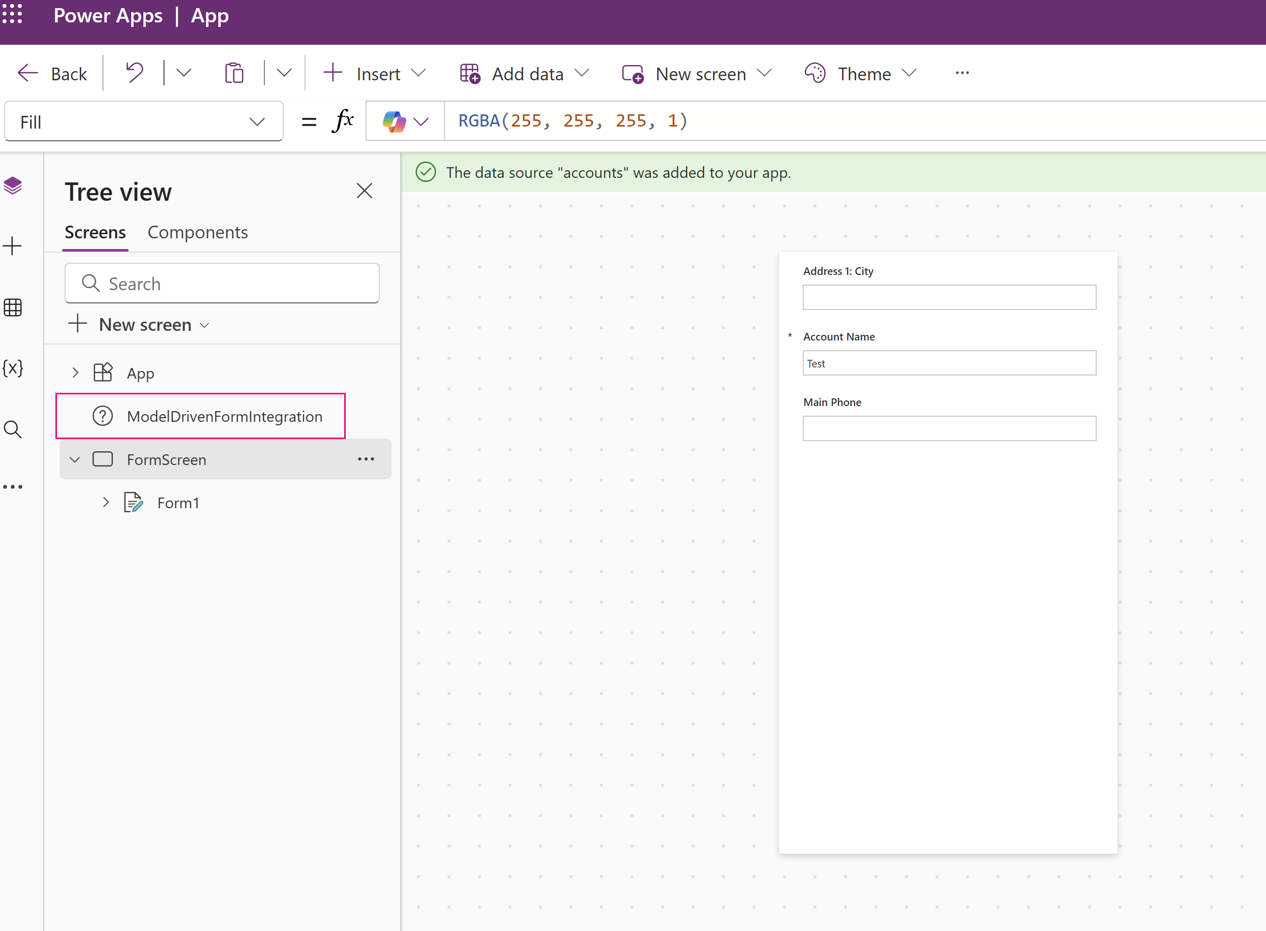 Power Apps Studio の Modeldrivenformintegration コントロール