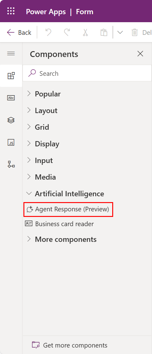 コンポーネント ペインでのエージェントの応答。