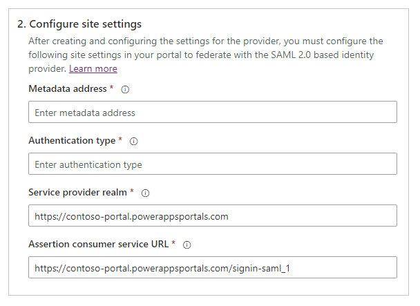 SAML 2.0. サイトの設定を構成する。