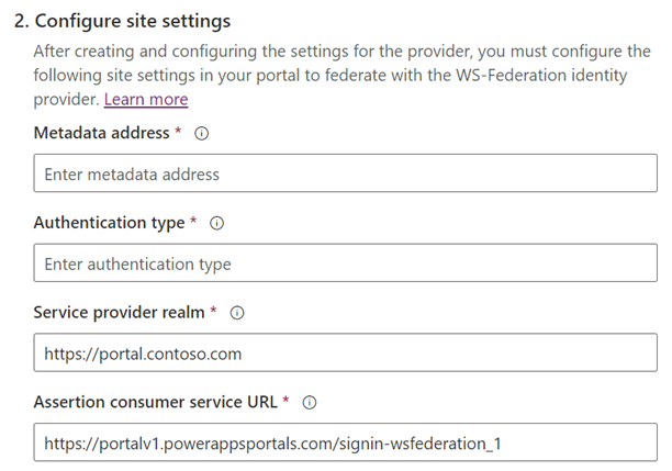 WS-Federation サイトの設定を構成する。