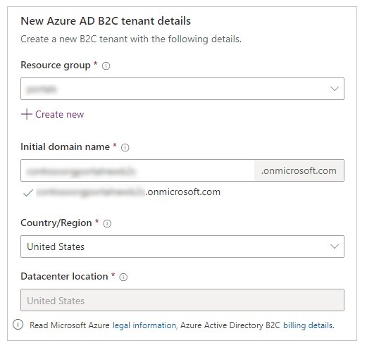 新しい Azure AD B2C テナントの詳細。
