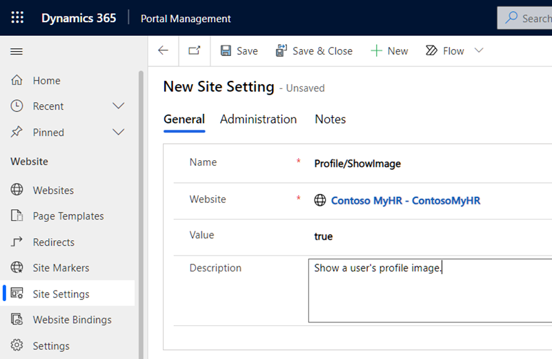 Profile/ShowImage サイト設定のスクリーンショット。