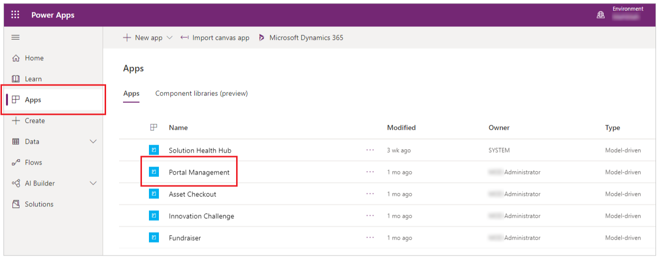 Portal Management アプリのハイライトを使用して、アプリ リストのスクリーンショット。