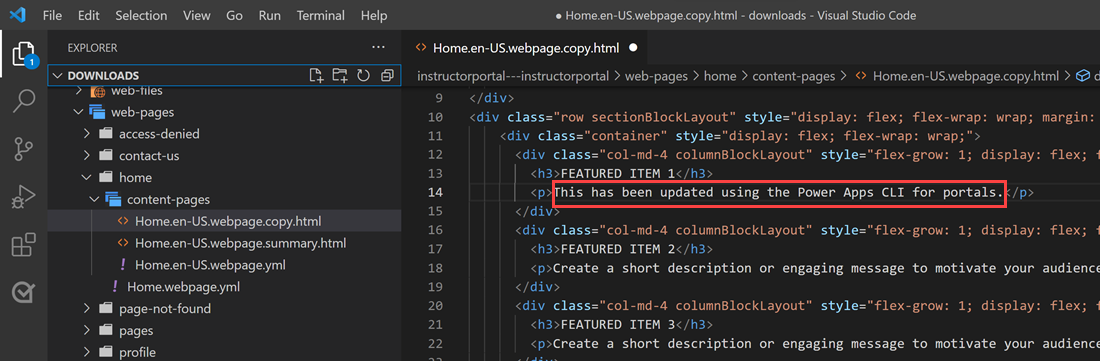 Visual Studio Code を使用して更新されたテキスト。