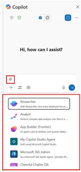 Microsoft 365 Copilot でエージェントを @メンションする方法を示すスクリーンショット