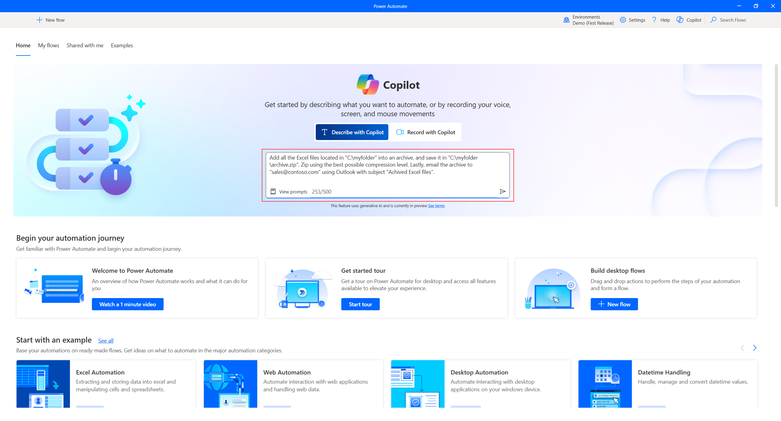 デスクトップ のホームでCopilotとやり取りする場所を示すスクリーンショット。 Power Automate 