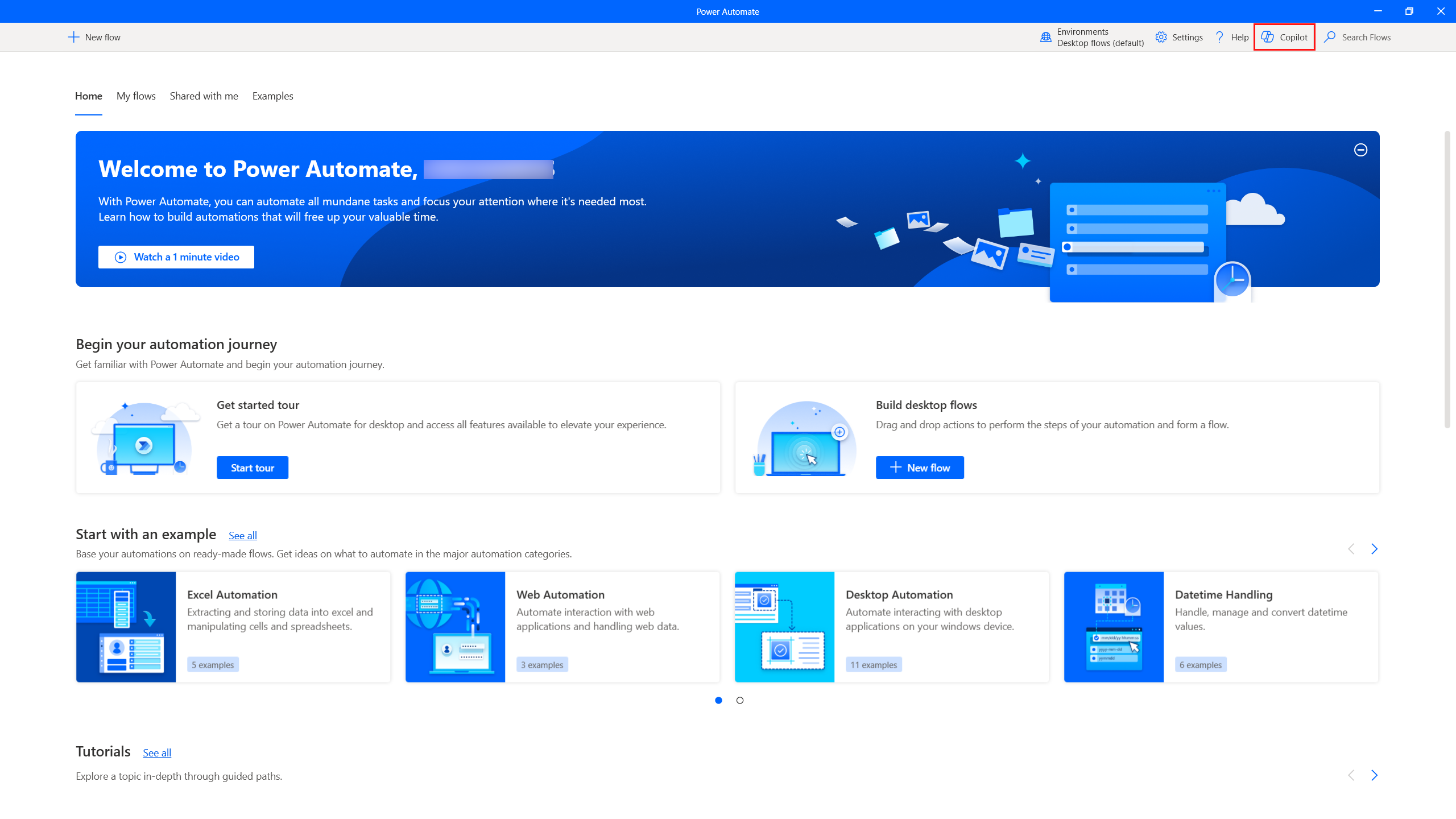 デスクトップ用 Power Automate の Copilot ボタンを選択する場所を示すスクリーンショット。