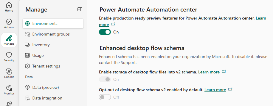Power Platform 管理センターのスキーマ v2 をオプトアウトするオプションは、既定で有効になっています。