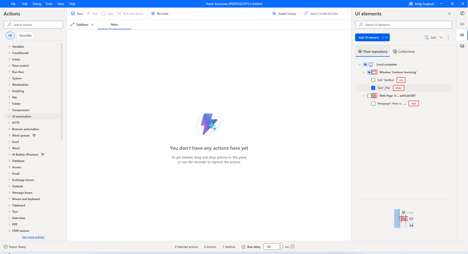 UI 要素ペインの UI 要素タイプの視覚的表現のスクリーンショット。