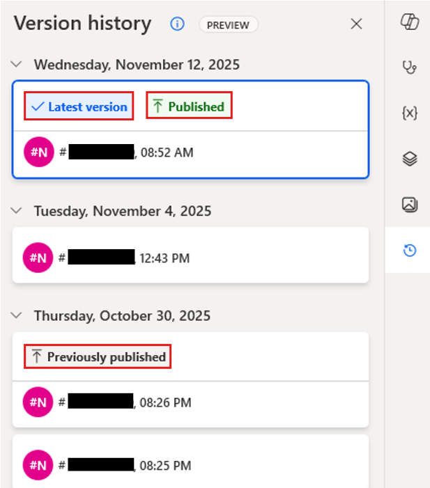 Screenshot of the version history pane showing version flags for latest, published, and previously published versions.