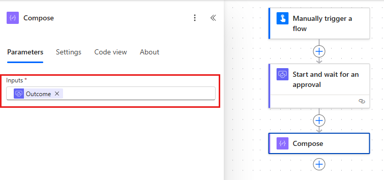 前のアクションの出力を入力として設定した「Compose」アクションが表示されている Power Automate デザイナーのスクリーンショット。