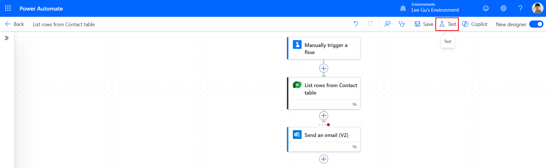 テスト ボタンが表示されたクラウド フロー デザイナーのスクリーンショット。