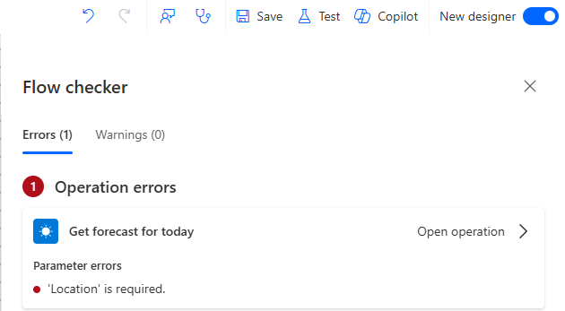 Power Automate デザイナーにおけるフロー チェッカーの結果、1つのエラーがあるフローが表示されているスクリーンショット。