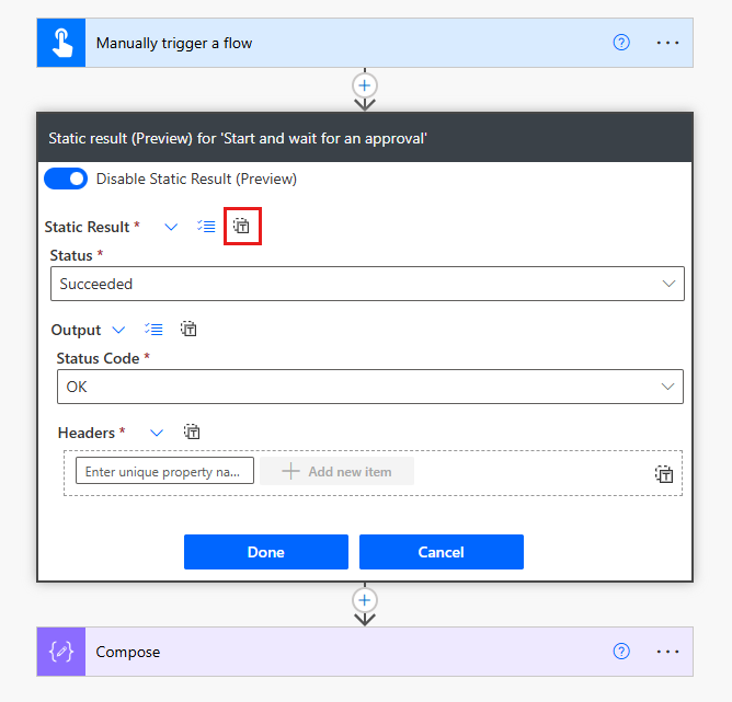 JSONモードに切り替えるアイコンが強調表示されている、アクションの「静的結果」設定のスクリーンショット。