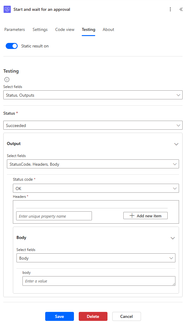 Power Automate の新しいデザイナーにおけるアクションの「静的結果」設定のスクリーンショット。