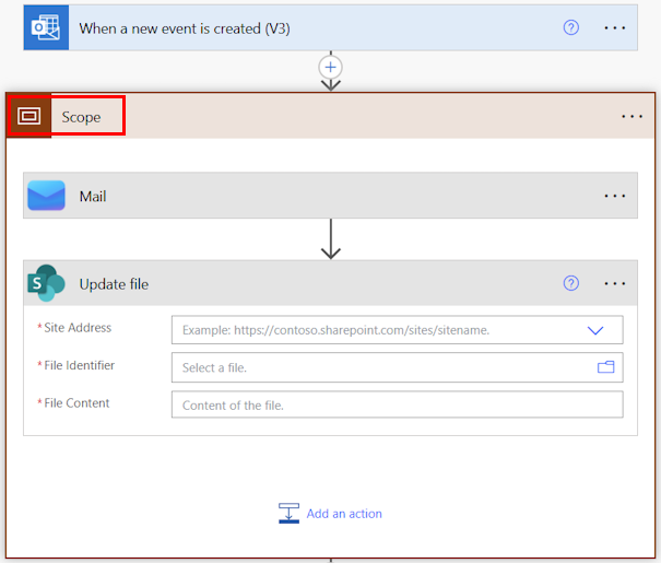 <クラシック デザイナー内のスコープのスクリーンショット。その中には、「メールを送信」と「ファイルを更新」という 2 つのアクションが含まれています。>