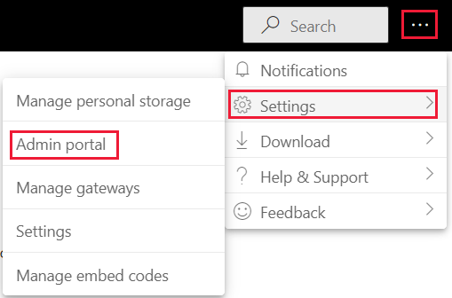 Screenshot showing the Power BI settings menu, with the settings option expanded and the admin portal selection highlighted.