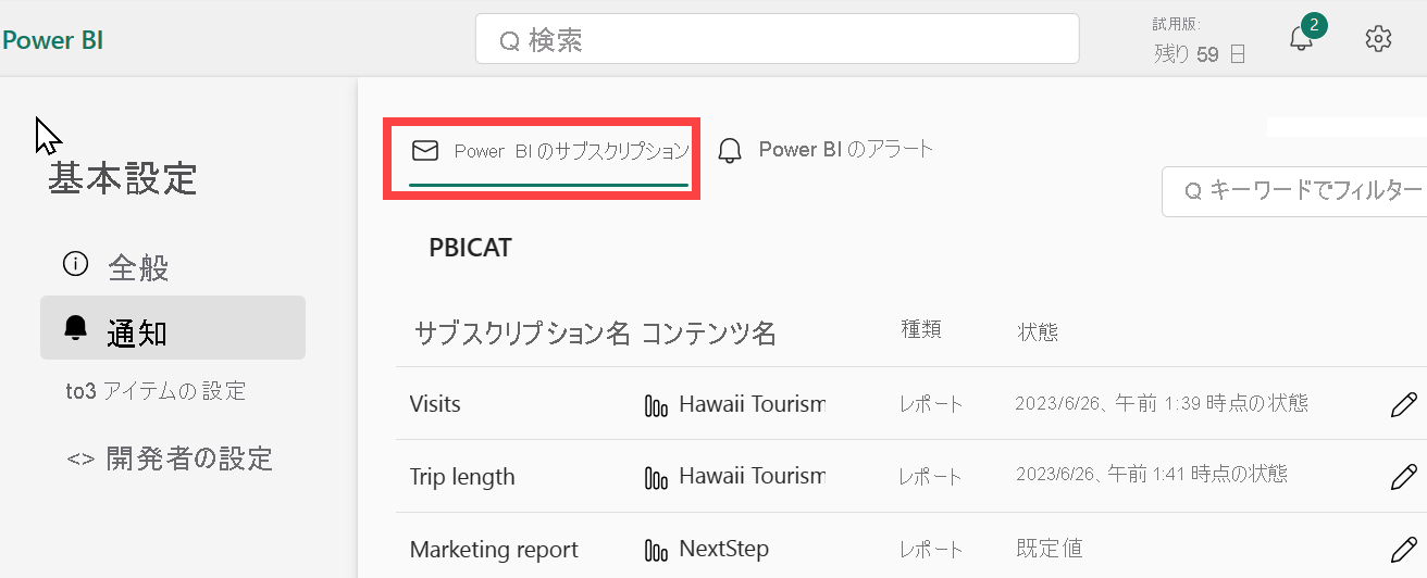 [Power BI サブスクリプション] が赤枠で囲まれた [通知] ペインを示すスクリーンショット。