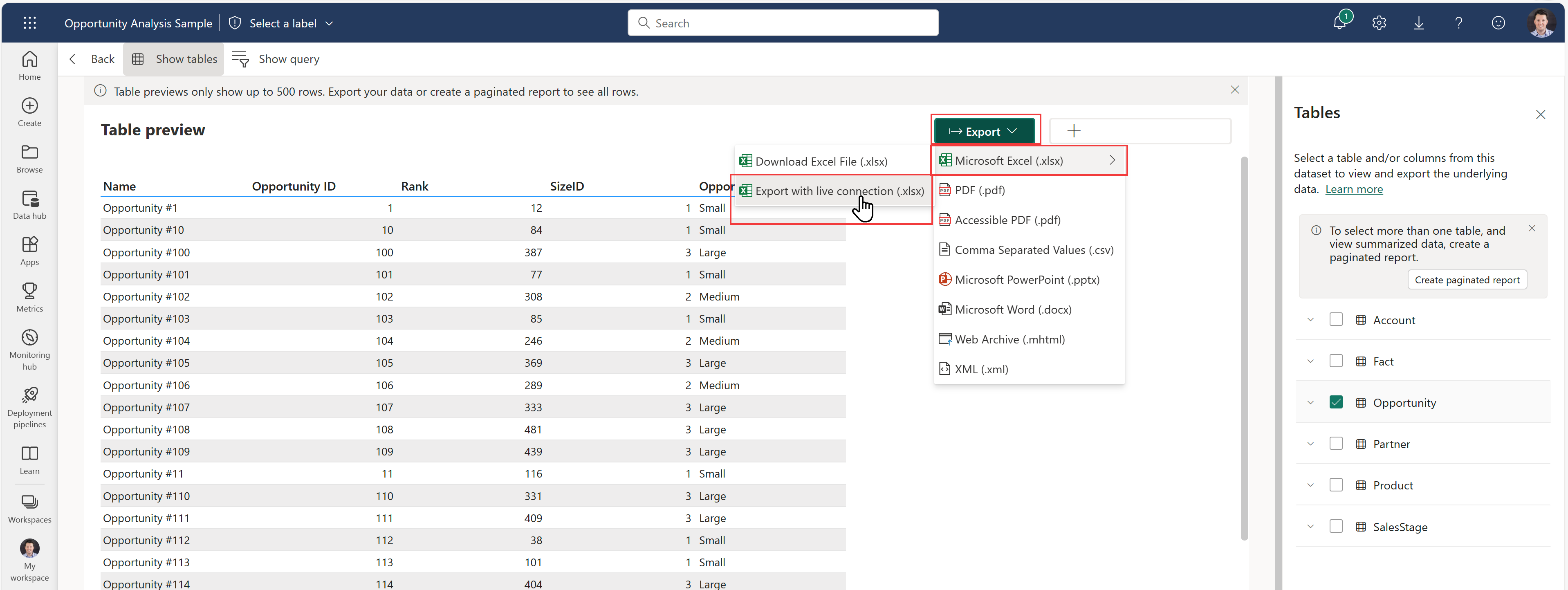 Screenshot showing the Export with live connection (.xlsx) option for the Table preview in OneLake Data hub.