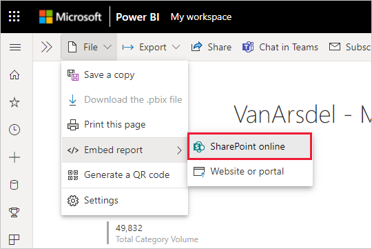SharePoint Online が強調表示されている [その他のオプション] メニューを示すスクリーンショット。