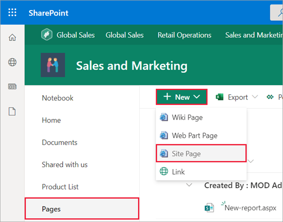 SharePoint ウィンドウのスクリーンショット。ナビゲーション ペインの [ページ] が強調表示されている。[サイト] ページが選択されている。