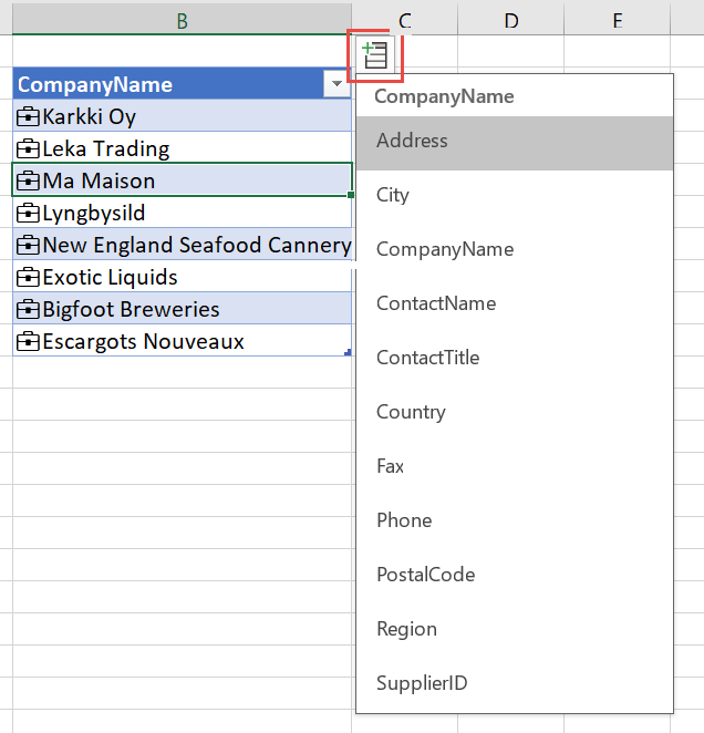 Screenshot of Select a field name.