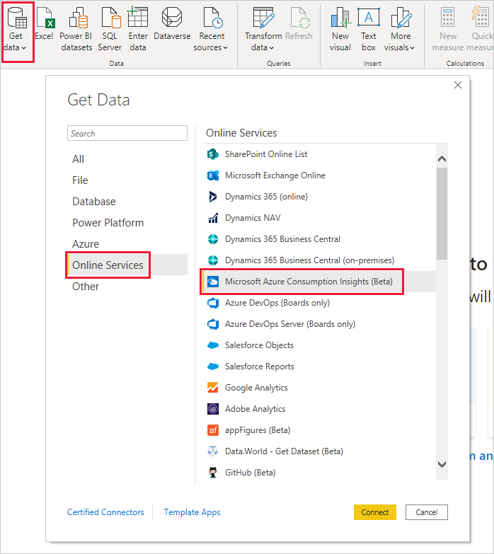 Screenshot of Microsoft Azure Consumption Insights dialog box. Select Connect.