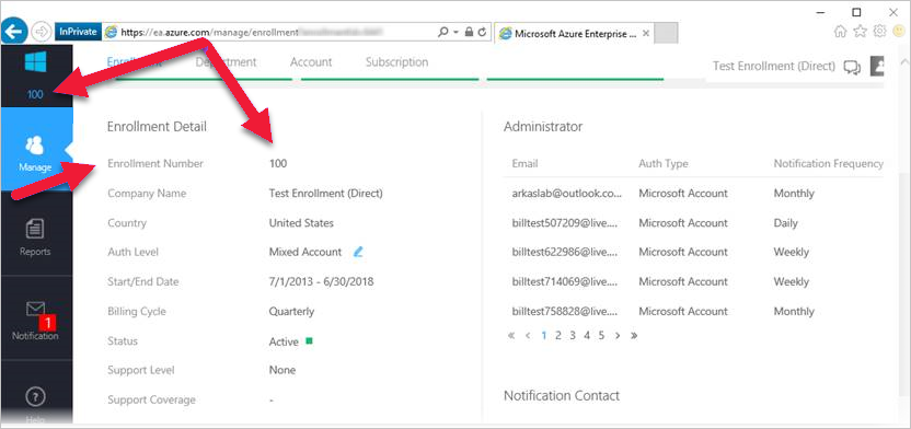 Screenshot of Azure Enterprise Portal to get the enrollment number.