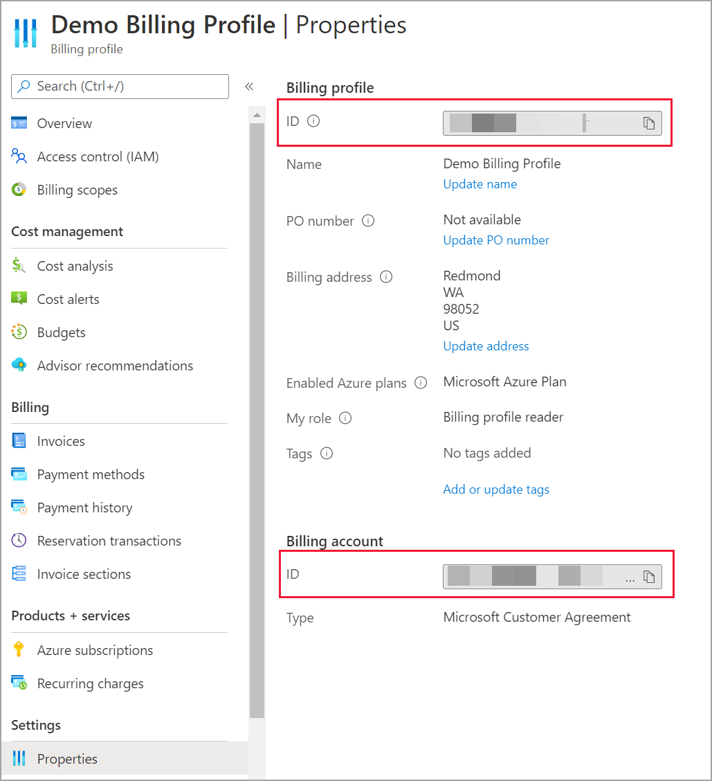 Screenshot of Azure Cost Management billing account information