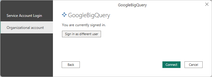 サインイン中のメッセージが表示された GoogleBigQuery ダイアログを示すスクリーンショット。