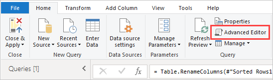 Screenshot shows the Advance editor option of Power Query Editor.