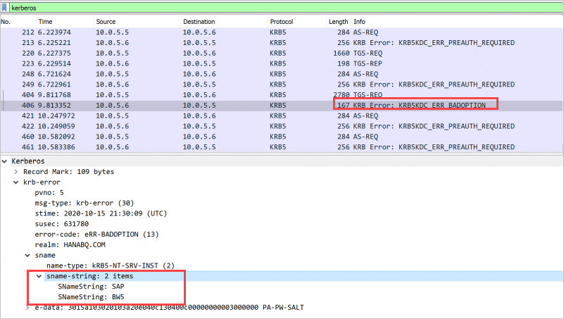 Screenshot of WireShark program showing a different error
