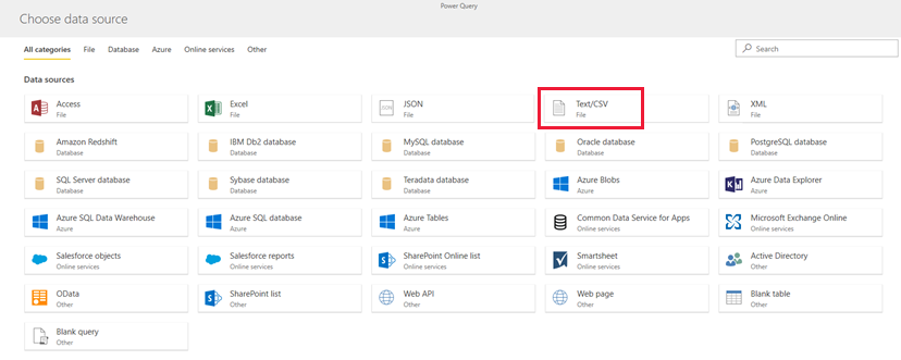 Screenshot shows Choose a data source, which includes Text/CSV.