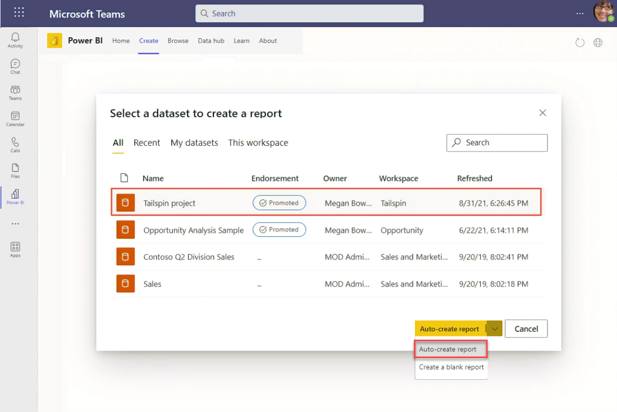 開いているウィンドウのスクリーンショット。セマンティック モデルを選択してレポートを作成し、作成ボタンを選択します。