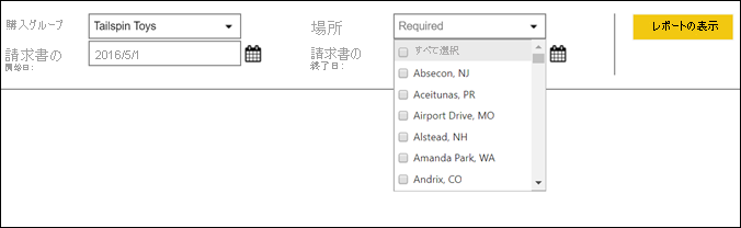 Screenshot showing the parameters for the report.